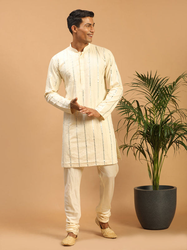 Jashvi Men's Cream Vertical Mirror Kurta Pyjama Set