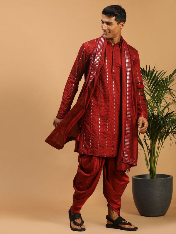 Jashvi Men's Maroon Mirror Kurta With Dhoti And Dupatta Set