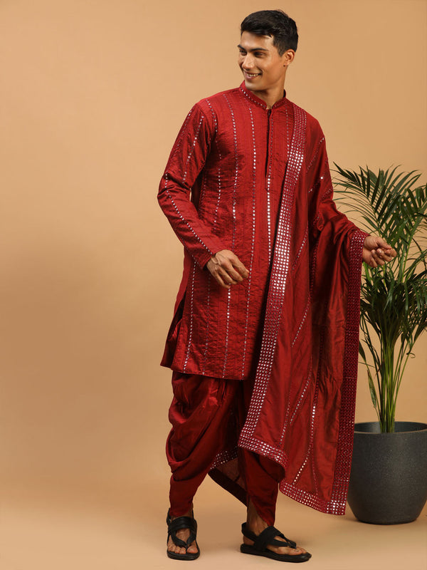 Jashvi Men's Maroon Mirror Kurta Dhoti And Dupatta Set