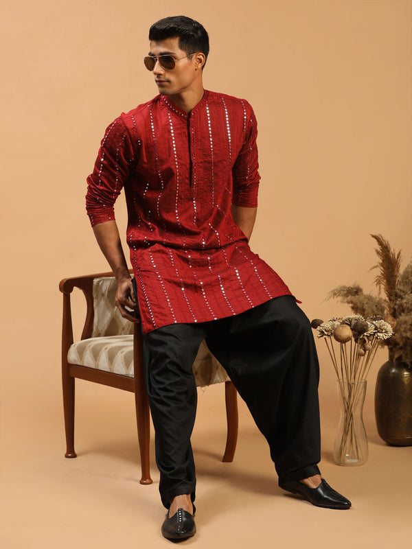 Jashvi Men's Maroon Mirror Kurta With Patiala Set