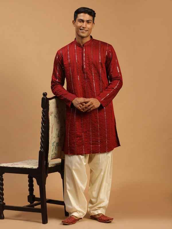 Jashvi Men's Maroon Mirror Kurta With Patiala Set