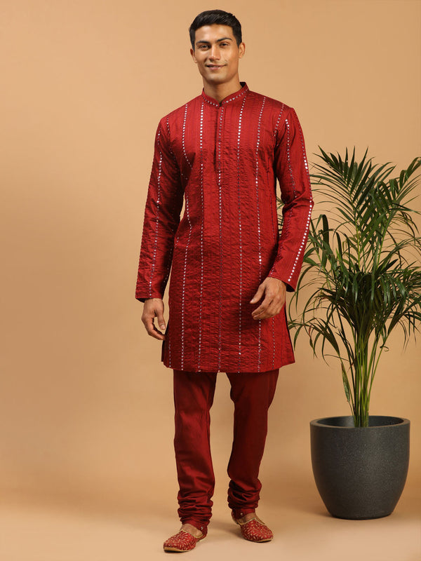 Jashvi Men's Maroon Mirror Kurta  Pyjama Set