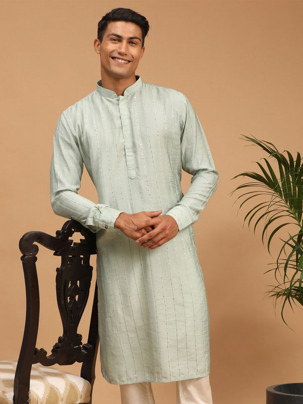 Jashvi Men's Light Green Sequined Kurta