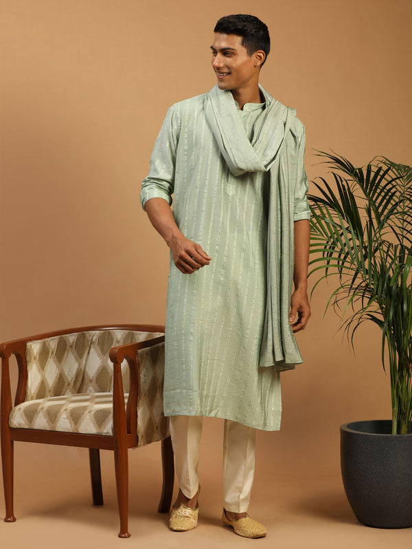 Jashvi Men's Green Sequined Kurta Pant And Dupatta Set