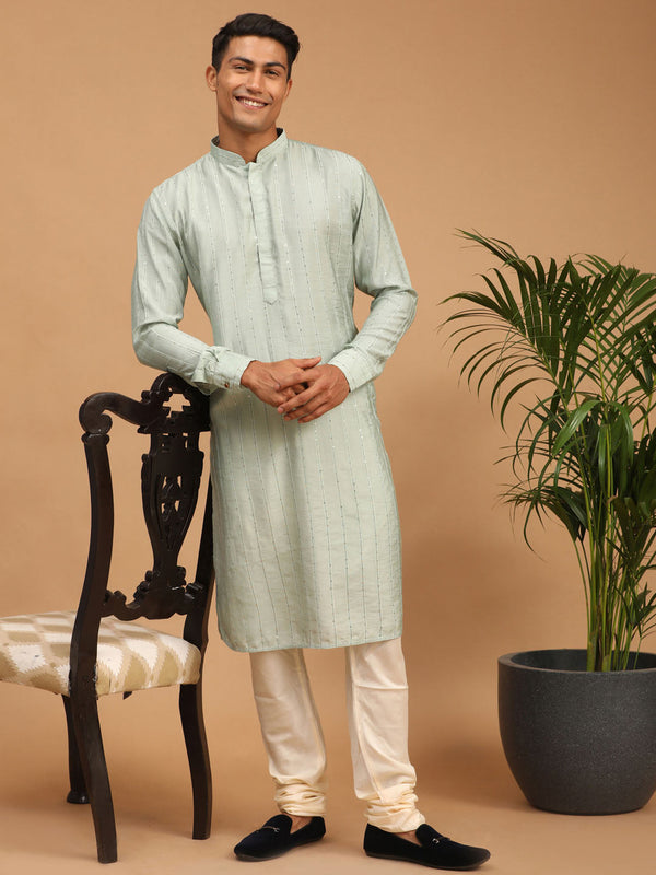 Jashvi Men's Light Green Sequined Kurta Pyjama Set