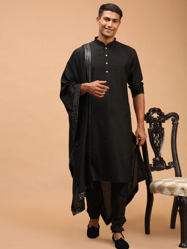 Jashvi Men's Black Viscose Kurta Pyjama And Dupatta Set