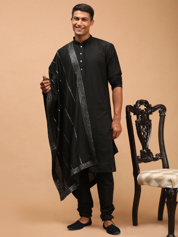 Jashvi Men's Black Viscose Kurta Pyjama And Dupatta Set