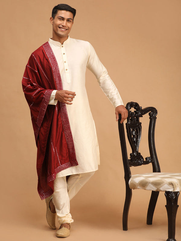 Jashvi Men's Cream Viscose Kurta Pyjama And Dupatta Set