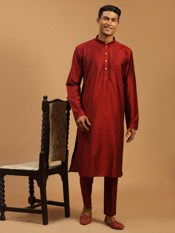 Jashvi Men's Maroon Viscose Kurta With Pant Set