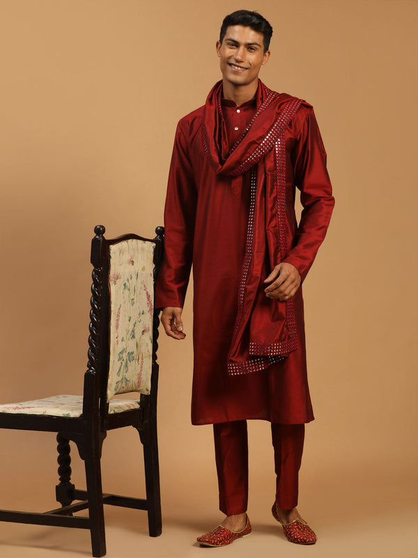 Jashvi Men's Maroon Viscose Kurta Pyjama And Dupatta Set