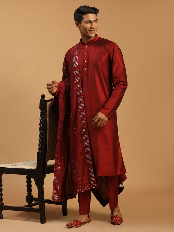 Jashvi Men's Maroon Viscose Kurta Pyjama And Dupatta Set