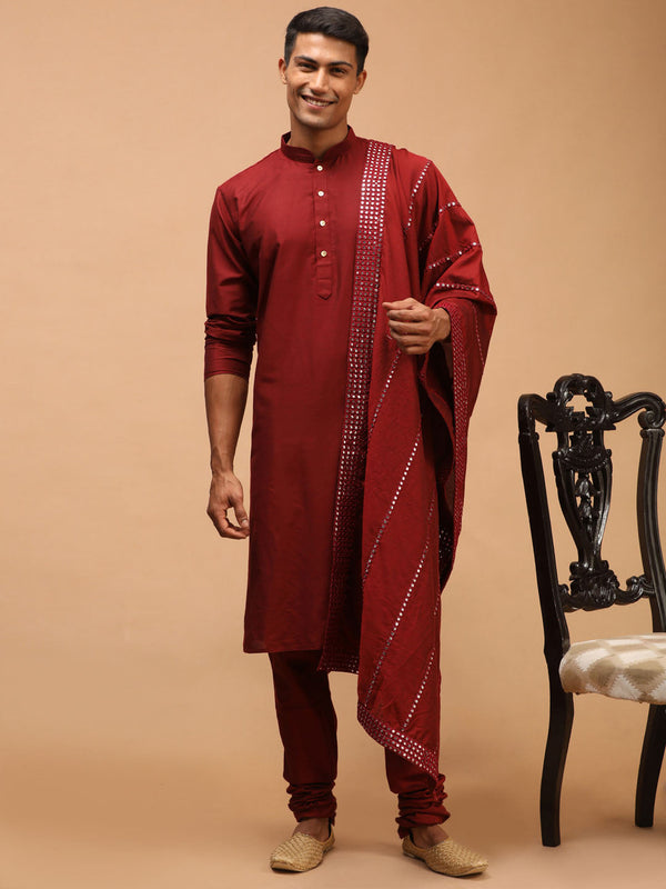 Jashvi Men's Maroon Viscose Kurta Pyjama And Dupatta Set