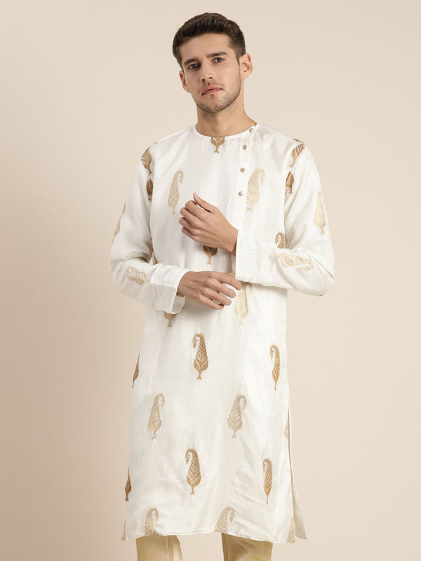 Jashvi Men's White Golden Weaved Silk Blend Kurta