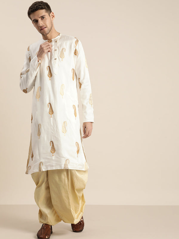 Jashvi Men's White Golden Weaved Silk Blend Kurta With Gold Dhoti Set