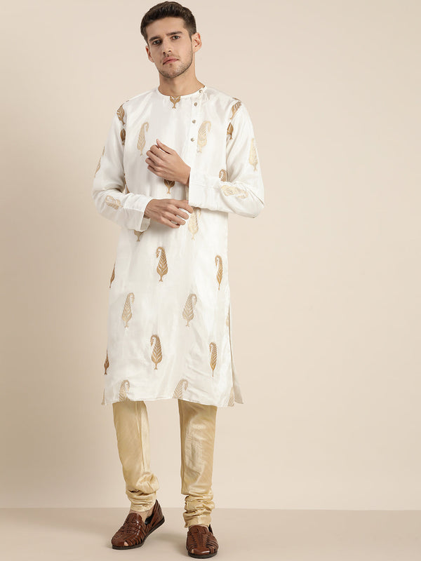 Jashvi Men's White Golden Weaved Silk Blend Kurta With Gold Pyjama Set