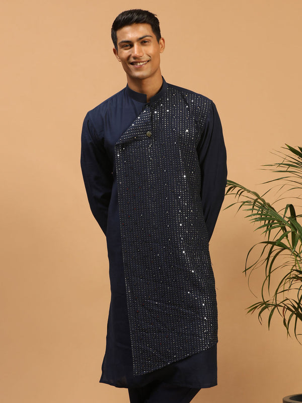 Jashvi Men's Navy Blue Sequined Layered Kurta