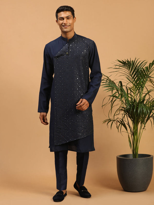 Jashvi Men's Navy Blue Sequined Layered Kurta With Blue Pant Style Pyjama Set