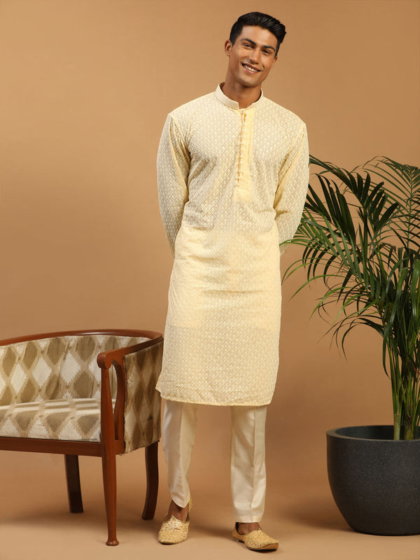 Jashvi Men's Cream Embroidery Worked Georgette Kurta With Pant Style Pyjama Set