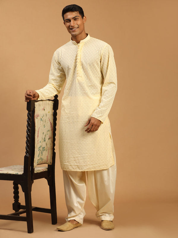 Jashvi Men's Cream Embroidery Worked Georgette Kurta With Cream Patiala Set