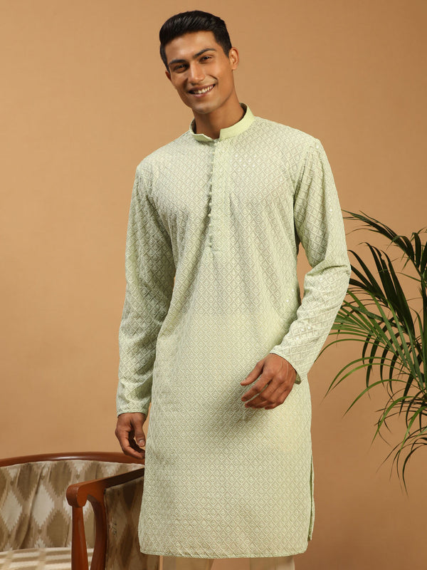 Jashvi Men's Green Embroidery Worked Georgette Kurta