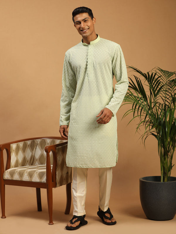 Jashvi Men's Green Embroidery  Worked Georgette Kurta With Pant Style Pyjama Set