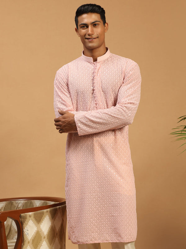 Jashvi Men's Pink Embroidery Worked Georgette Kurta