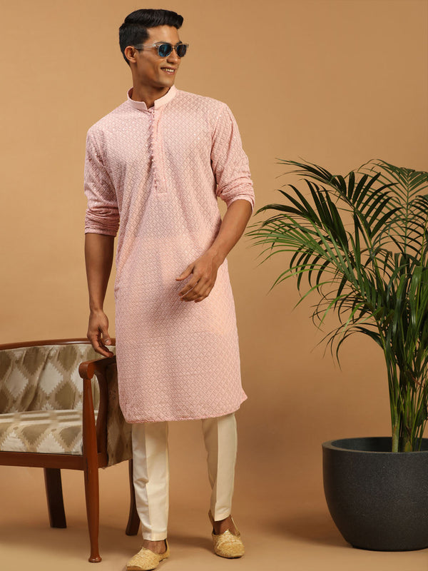 Jashvi Men's Pink Embroidery Worked Georgette Kurta With Cream Pant Style Pyjama set