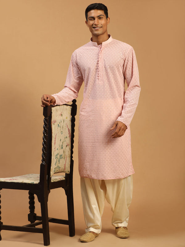 Jashvi Men's Pink Embroidery Worked Georgette Kurta With Cream Patiala Set