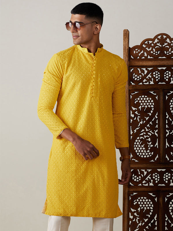 Jashvi Men's Yellow Embroidery Worked Georgette Kurta