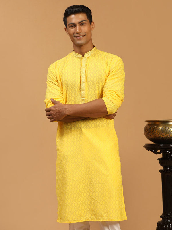 Jashvi Men's Yellow Embroidered Kurta