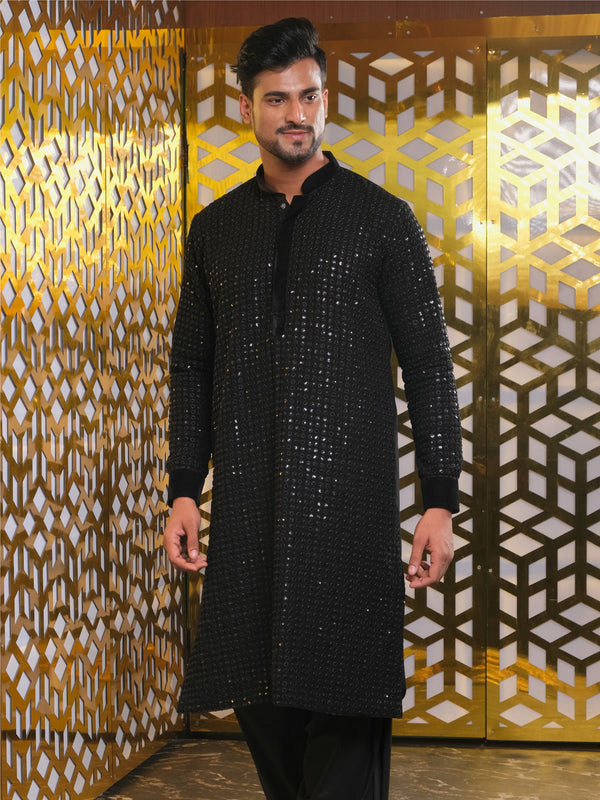 Jashvi Men's Black Mirror Georgette Kurta