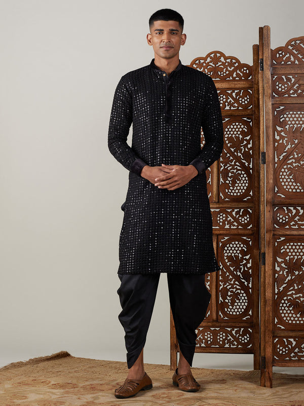 Jashvi Men's Black Mirror Georgette Kurta Dhoti Set