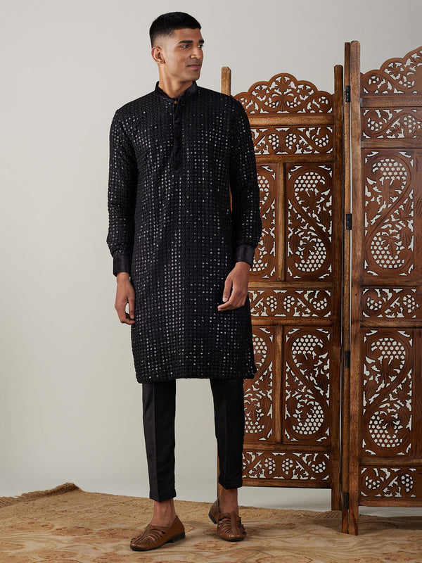 Jashvi Men's Black Mirror Georgette Kurta Pant Set