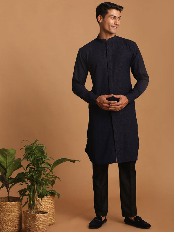 Jashvi Men's Navy Blue Printed Kurta Pant Set