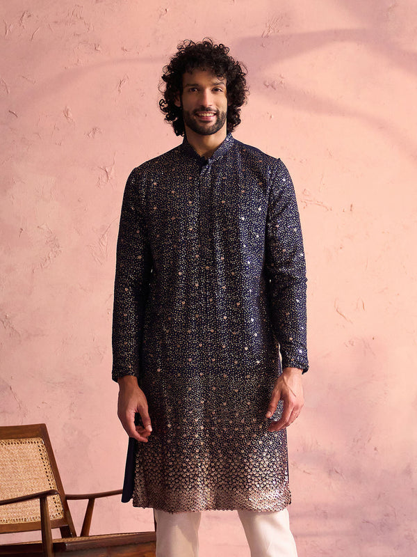 Jashvi Men's Navy Blue Georgette Zari With Sequins Worked Kurta