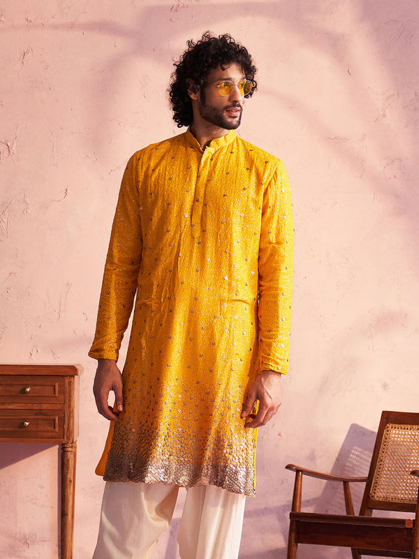 Jashvi Men's Yellow  Georgette Zari With Sequins Worked Kurta