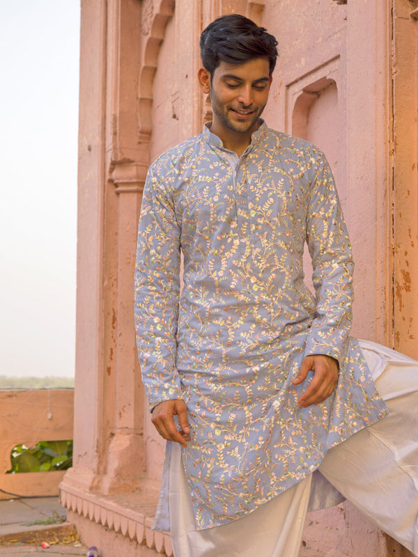 Jashvi Men's Sky Blue Georgette Floral Motif Embroidered Kurta