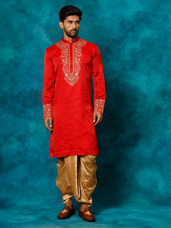 Jashvi Men's Red Silk Embroidered Ethnic Kurta Dhoti Set