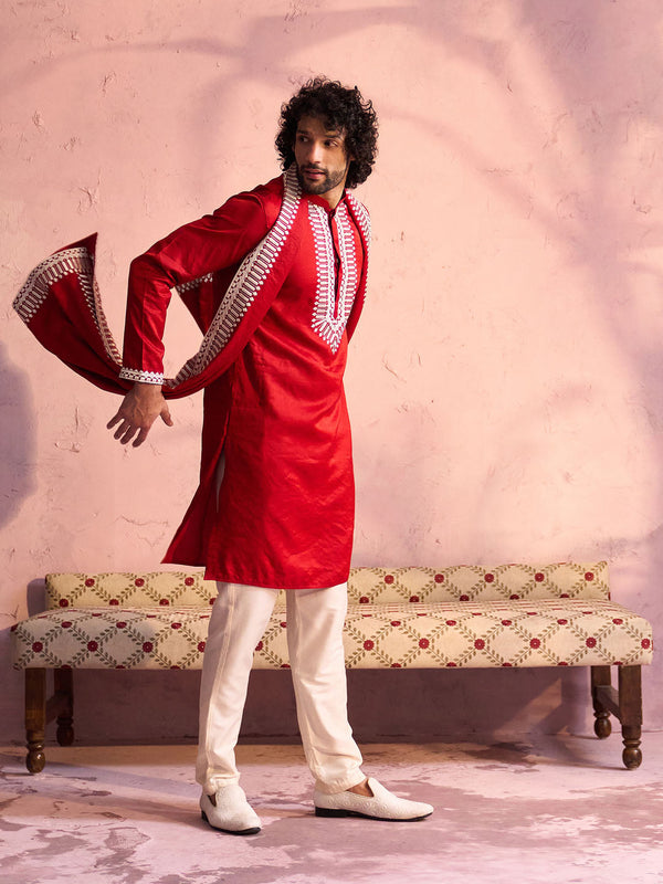 Jashvi Men's Red Silk Blend Machine Embroidered Kurta Pyjama With Silk Dupatta Set