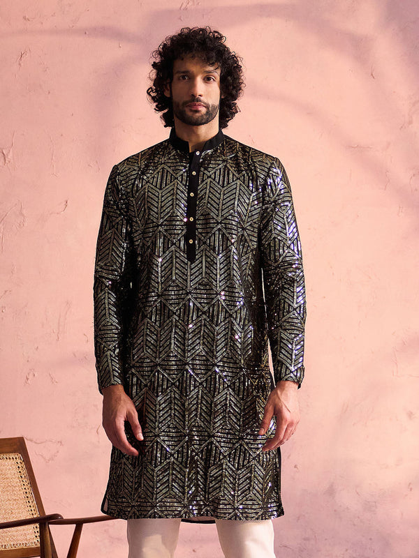 Jashvi Men's Black Georgette Embellished Kurta