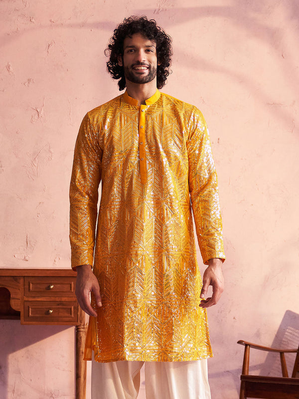 Jashvi Men's Yellow Georgette Embellished Kurta