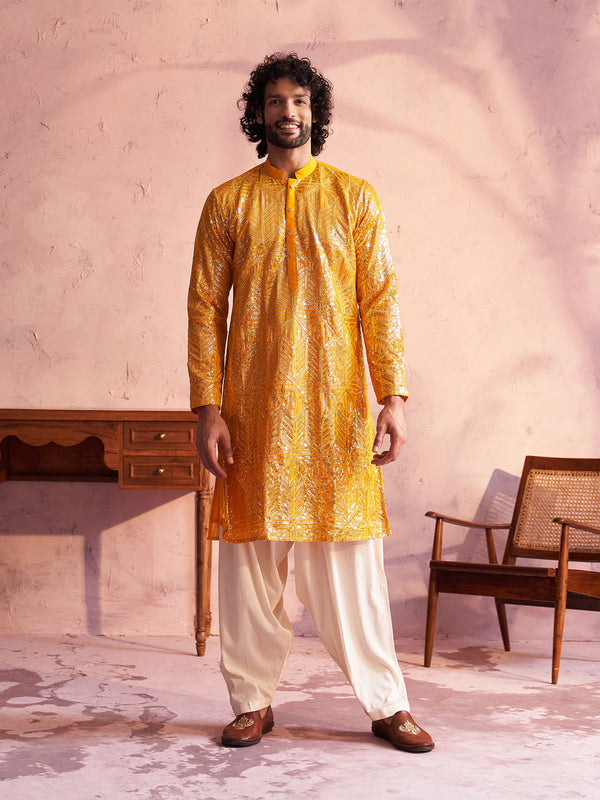 Jashvi Men's Yellow Georgette Embellished Kurta Patiala Set