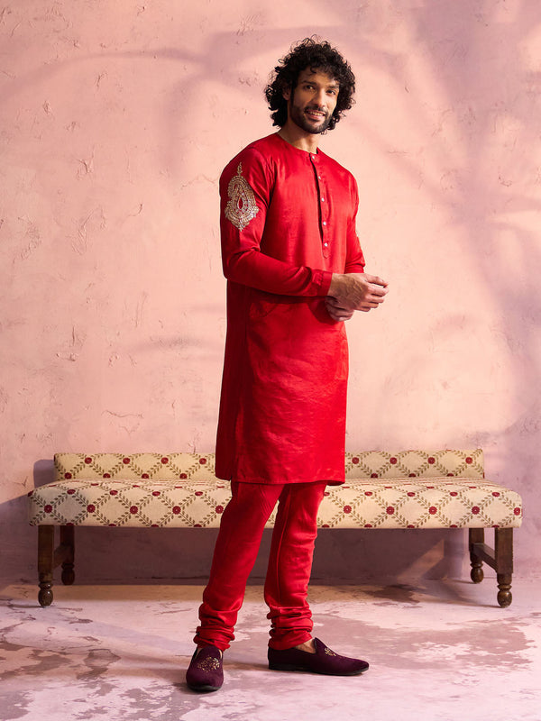 Jashvi Men's Red Silk Blend Embroidered Kurta With Churidar Set