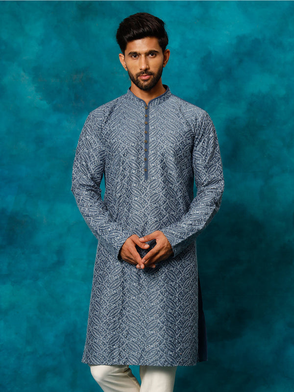 Jashvi Men's Grey Cotton Schiflli Kurta