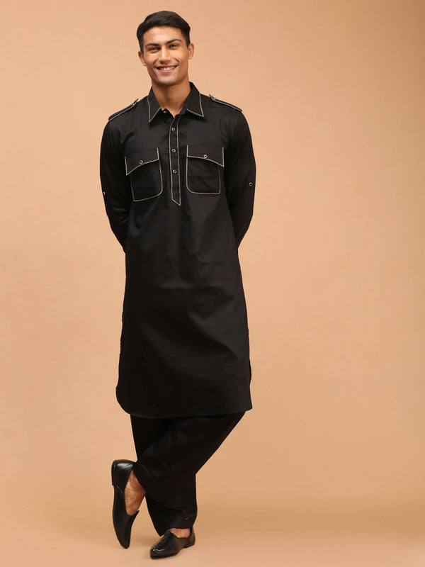 Jashvi Men's Black Cotton Blend Pathani Suit Set