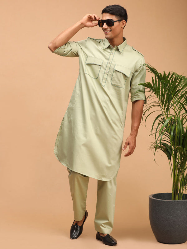 Jashvi Men's Light Green Cotton Blend Pathani Suit Set