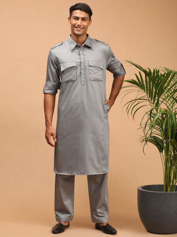 Jashvi Men's Grey Cotton Blend Pathani Suit Set