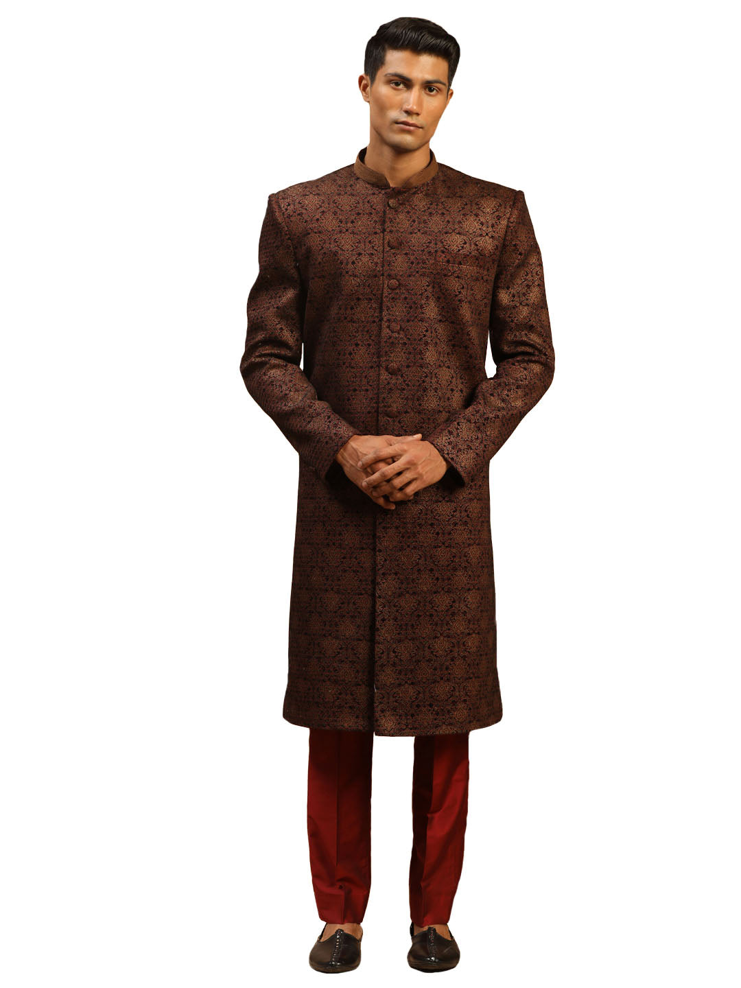 Men's Maroon Silk Blend Sherwani Set - Shrestha By Vastramay