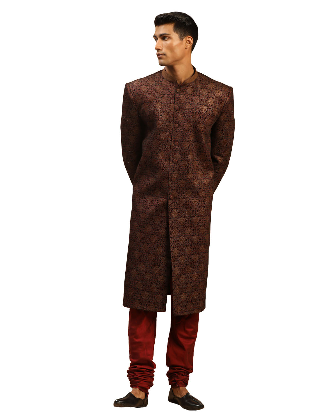 Men's Maroon Silk Blend Sherwani Set - Shrestha By Vastramay