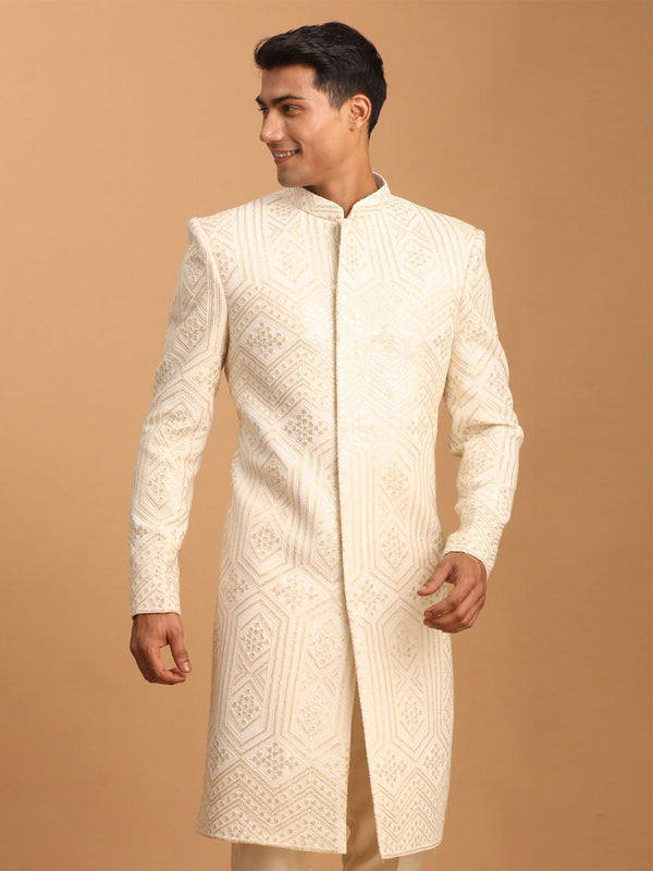 Jashvi Men's Cream Golden Sequins Embroidered Sherwani Only Top